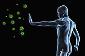 Verteilung von Erkältungsviren im Raum Das Immunsystem des Mannes wehrt sich gegen im Raum verteilten Erkältungsviren.