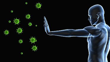 Verteilung von Erkältungsviren im Raum Das Immunsystem des Mannes wehrt sich gegen im Raum verteilten Erkältungsviren. © SciePro/ adobe.stock