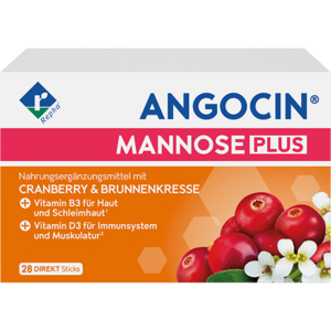 Hier sieht man die Packung des Nahrungsergänzungsmittels ANGOCIN MANNOSE PLUS 