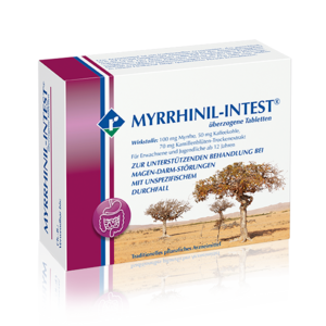 MYRRHINIL-INTEST® ist aufgrund seiner Dreifach-Wirkstoffkombination einzigartig: Myrrhe, Kaffeekohle und ein Trockenextrakt aus Kamillenblüten.