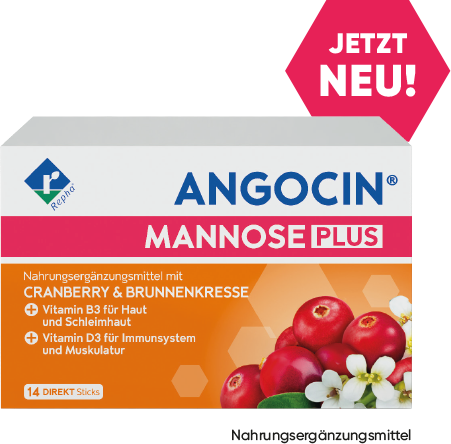 Es wird die Verpackung von ANGOCIN MANNOSE PLUS gezeigt mit einer Beschriftung "Jetzt neu".